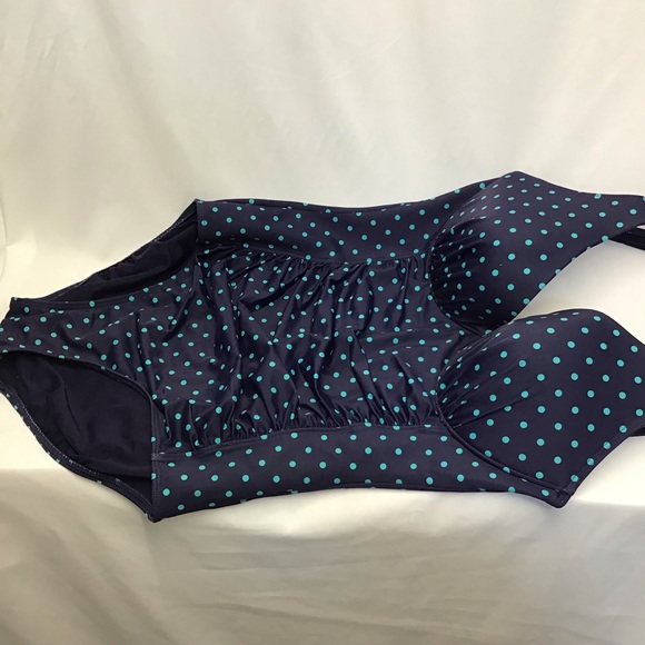 Spanx swimsuit one piece rouched sides navy blue with teal polka dots size 12 - Picture 2 of 7